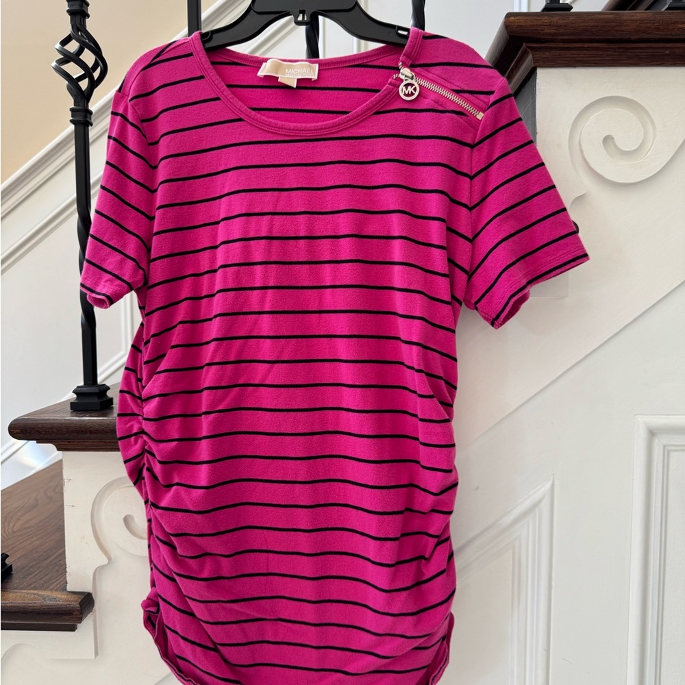 Michael Kors Fuchsia and Black Striped Short Sleeve Top